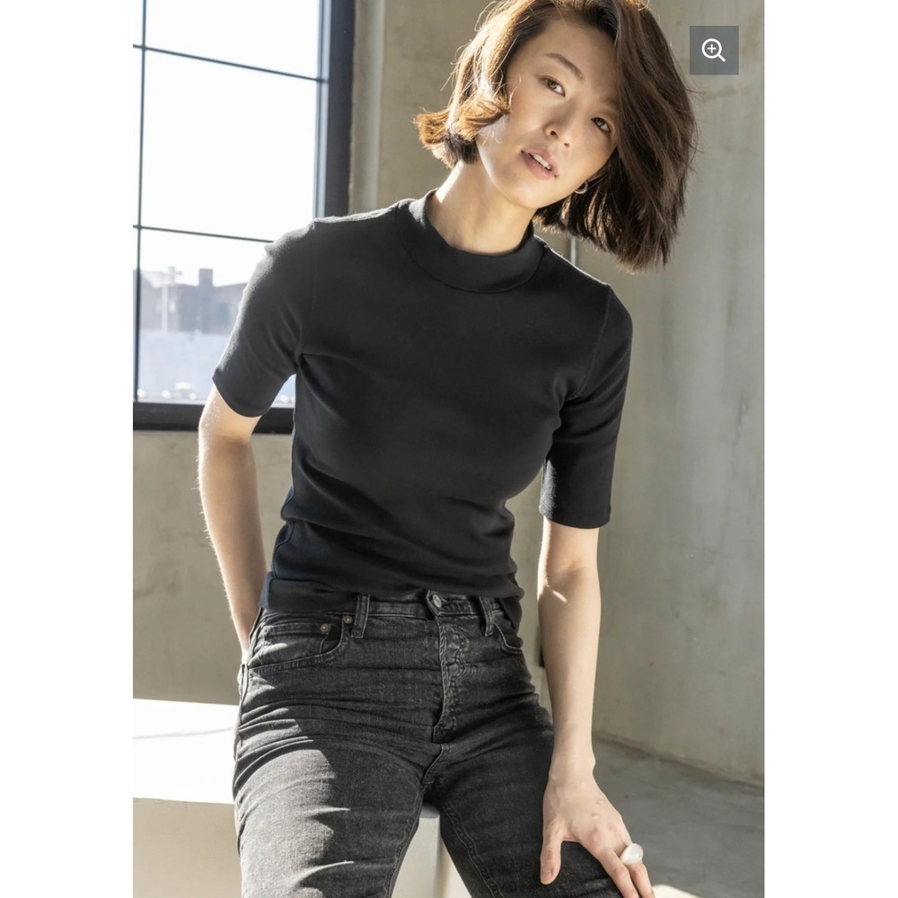 Lilla P Womens Black Ribbed Mock Neck Elbow Sleeve Cotton Top PA3550 Size L NEW